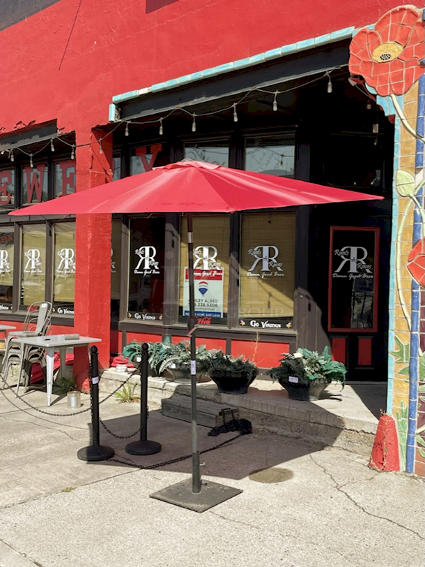 BEAUTIFUL! Large Red Patio Umbrella With Base.  - Image 1 of 4