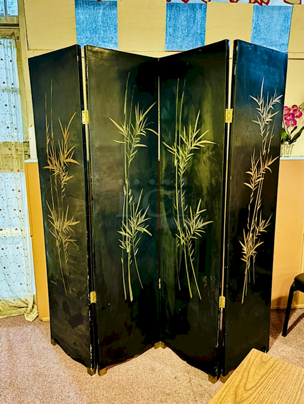 BEAUTIFUL!! Adjustable 4 Panel Room Divider, Different Designs On Front & Back Wood. Minor Signs of Ware, 71” Wide. - Image 2 of 12