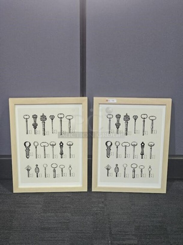 ALL ONE MONEY Skeleton Key framed art set. In great condition- these pieces would accent any space! 17.5” H x 13.5” W. - Image 1 of 2