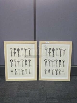 ALL ONE MONEY Skeleton Key framed art set. In great condition- these pieces would accent any space! 17.5” H x 13.5” W.