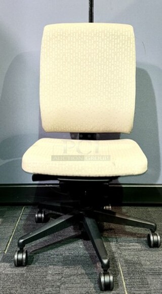 Adjustable AllSteel brand office chairs. No tears or rips, in good used condition! Neutral/ gold upholstery with a black metal frame on wheels. Perfect for training rooms, large offices or anywhere that a larger number of matching seating would be preferred. Measure 44” H x 19” W.  