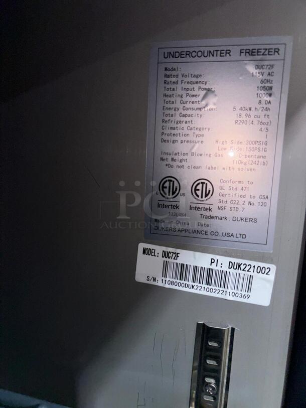 Brand New Scratch & Dent Dukers DUC72F 3-Door Undercounter Commercial Freezer in Stainless Steel - Image 2 of 7