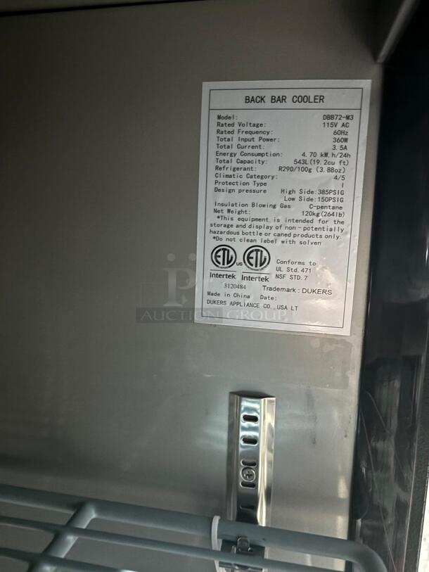 Dukers - DBB72-M3, Commercial 3-Door Back Bar and Beverage Cooler
 - Image 3 of 5