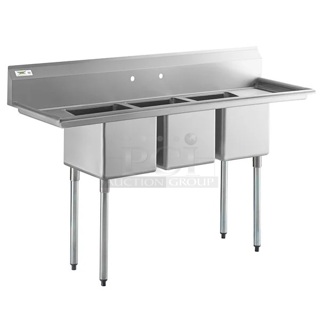 BRAND NEW SCRATCH & DENT! Regency 70" 16 Gauge Stainless Steel Three Compartment Sink with Galvanized Steel Legs and Two Drainboards - 14" x 16" x 12" Bowls