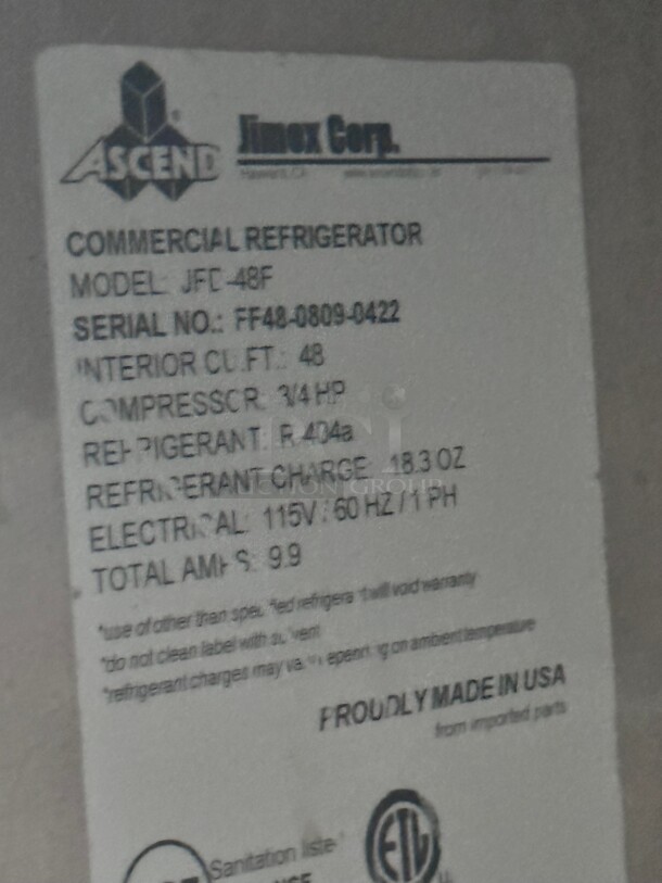 Ascend JFD-48F 48 Cu.Ft Commercial Freezer Reach-In w/ 2 Stainless Doors 115 Volt  - Image 9 of 9
