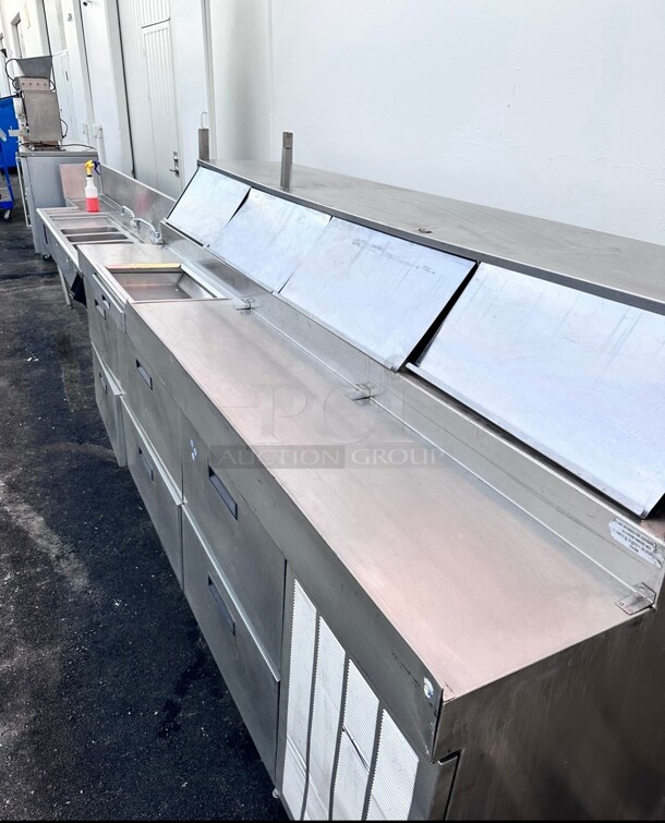 Working Delfield F18RC114 114 inch Three Door Refrigerated Pizza Prep Table - Image 4 of 8