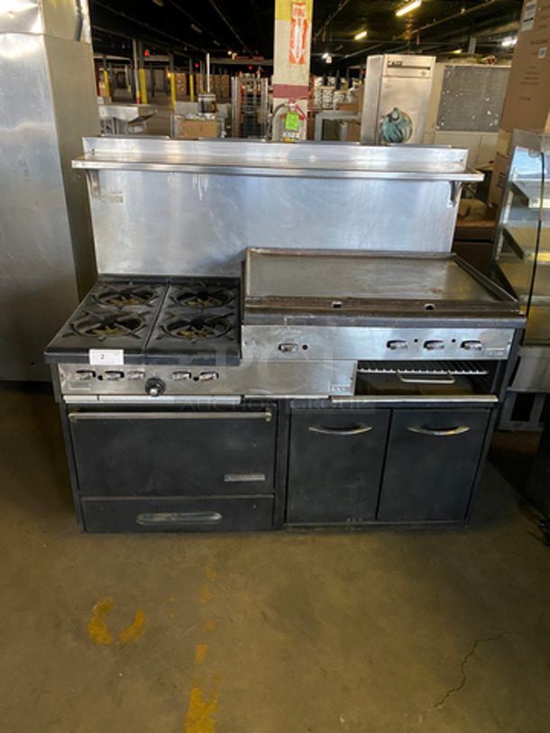 Commercial Natural Gas Powered 4 Burner Stove! With Built In Flat Top Grill! With Back Splash And Salamander Shelf! With Full Size Oven! Metal Oven Rack! With 2 Door Storage Area Underneath! All Stainless Steel!
