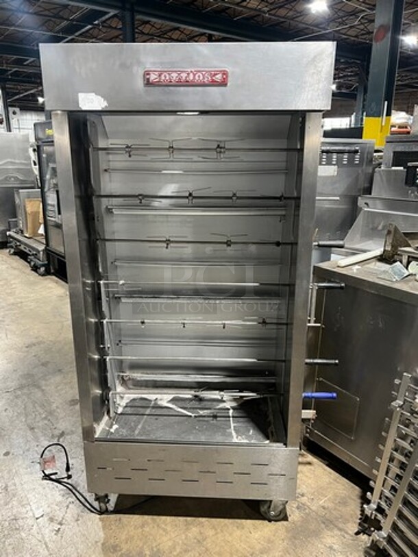 WOW! Attias Commercial Natural Gas Powered 7 Skewer Chicken Rotisserie Machine! All Stainless Steel! On Casters!
