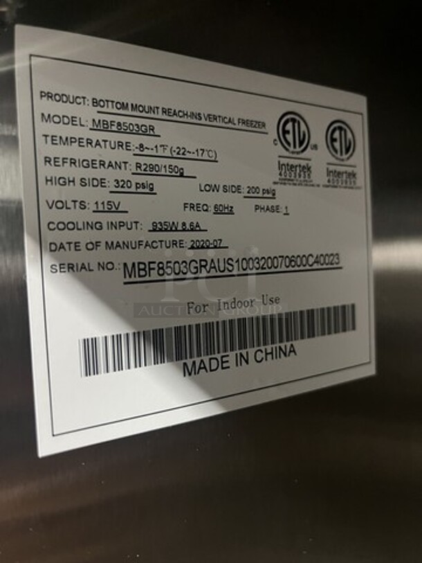 Nice! 2020 Late Model! Atosa 2 Door Reach-in Vertical freezer! Stainless Steel! MODEL: MBF8503GR SN: MBF8503GRAUS100320070600C40023 115V 1PH! Working When Removed! - Image 7 of 7