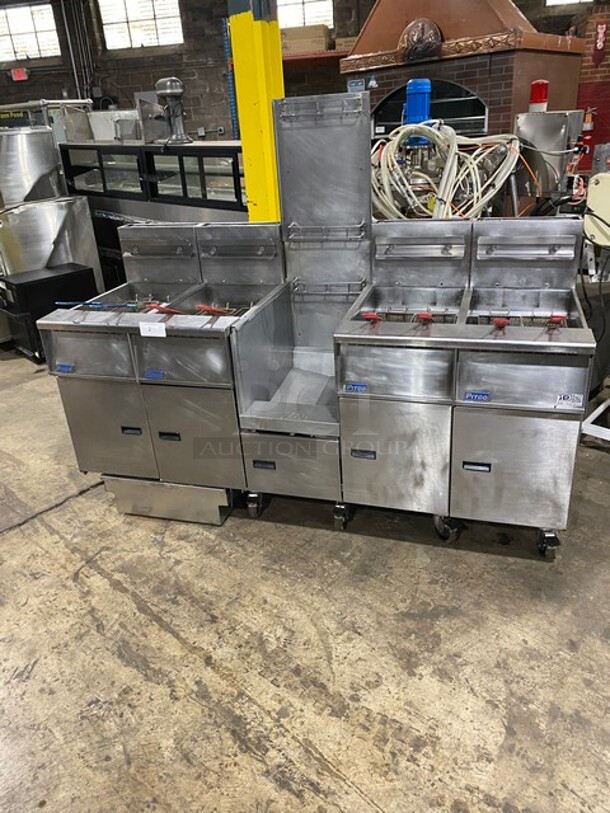 GREAT! Pitco Frialator 4 Bay Natural Gas Powered Commercial Deep Fat Fryer! With Middle Dump Station! With 8 Frying Baskets! With Oil Filter System! All Stainless Steel! MODEL: SGH50 SN: G11BD005229! 115V! On Casters! Working When Removed!  - Image 1 of 12