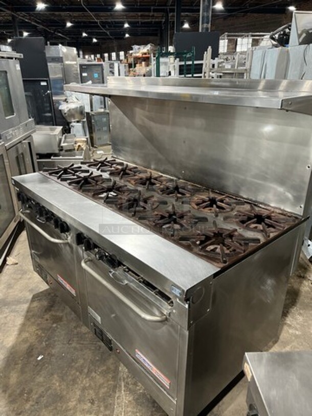 Southbend Commercial Natural Gas Powered 12 Burner Stove! With Raised Back Splash And Salamander Shelf! With 2 Full Size Oven Underneath! All Stainless Steel! On Casters! Working When Removed! - Image 2 of 11
