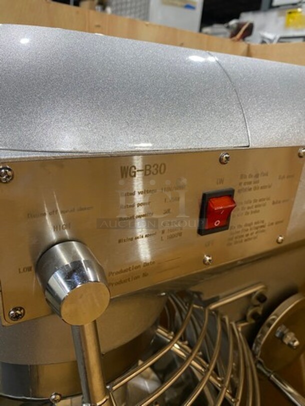 AWESOME! BRAND NEW! IN THE CRATE! Commercial Planetary Mixer! With Whisk, Paddle And Spiral Hook Attachment! With Mixing Bowl And Bowl Guard! Stainless Steel! Model: WGB30 110V - Image 6 of 10