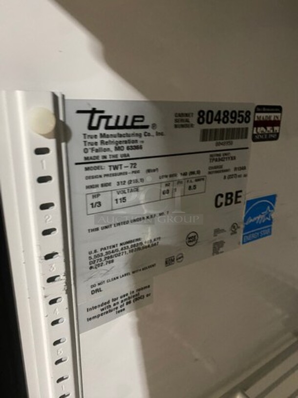 True Commercial 3 Door Refrigerated Lowboy/Worktop Cooler! With Backsplash! All Stainless Steel! On Casters! Model: TWT72 SN: 8048958 115V 60HZ 1 Phase - Image 8 of 9