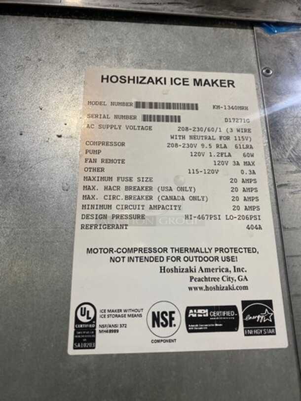 Hoshizaki Commercial Ice Maker Machine! With Commercial Ice Bin! All Stainless Steel! On Legs! Model: KM1340MRH SN: D17271G 208/230V 60HZ 1 Phase - Image 5 of 9