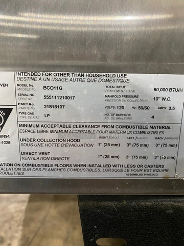 WOW! LATE MODEL! 2017 Bakers Pride LP Powered Commercial Convection Oven! With View Through Doors! With Oven Metal Racks! All Stainless Steel! On Legs! Cyclone Series! WORKING WHEN REMOVED! Model: BCO11G SN: 555111210017 - Image 12 of 12