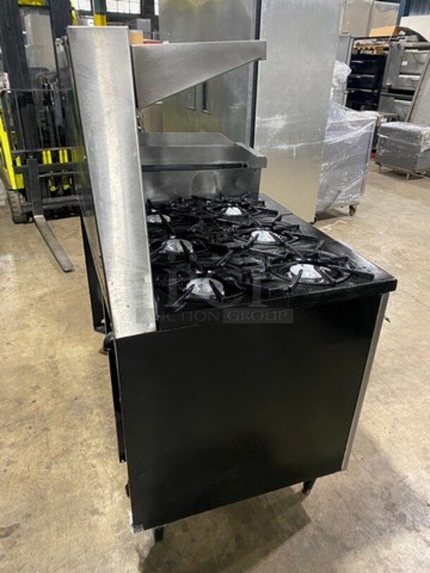 FAB! Franklin Commercial Natural Gas Powered 6 Burner Stove With Right Side Flat Griddle And Cheese Melter Combo! Griddle Has Side Splashes! With Raised Back Splash And Salamander Shelf! With Single Small Door Storage Space! With Oven Underneath! Metal Oven Racks! All Stainless Steel! On Legs! - Image 4 of 12