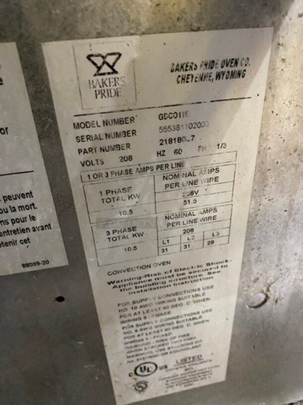 Bakers Pride Commercial Electric Powered Single Deck Convection Oven! With View Through Doors! Metal Oven Racks! All Stainless Steel! With Legs! Model: GDCO11G SN: 555361102003 208V 60HZ 1/3 Phase - Image 7 of 9