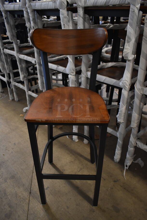 36 BRAND NEW SCRATCH AND DENT! Lancaster Table & Seating Black Metal Bar Height Chair w/ Wooden Seat. 36 Times Your Bid! 