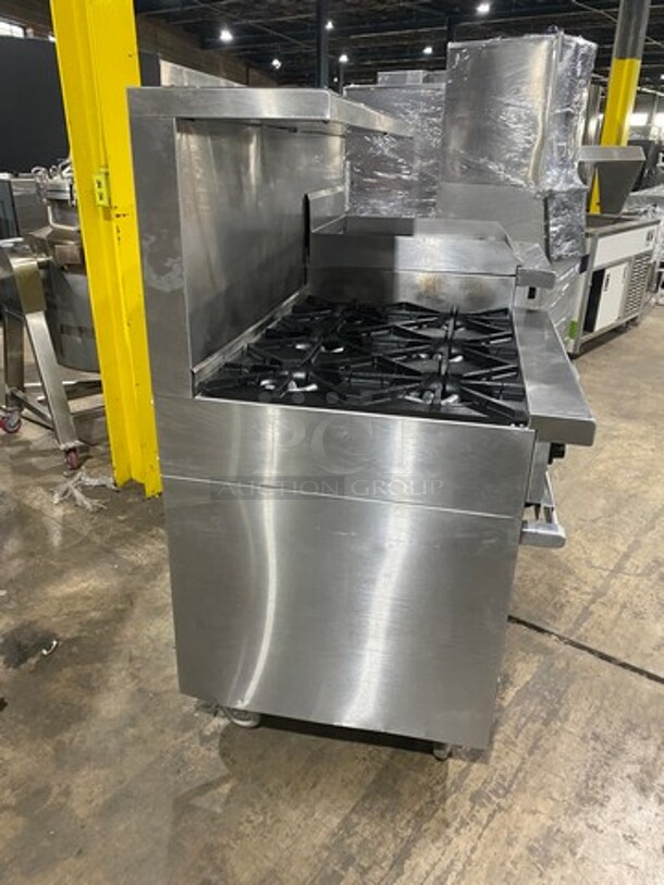 GREAT FIND! Garland Commercial Gas Powered 6 Burner Stove With Right Side Flat Griddle! Griddle Has Side Splashes! With Raised Back Splash And Salamander Shelf! With 2 Oven Underneath! Metal Oven Racks! All Stainless Steel! On Casters! - Image 3 of 11