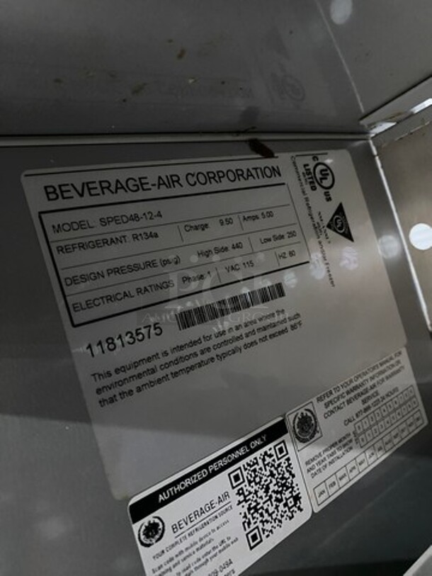 Beverage Air Commercial Refrigerated Sandwich Prep Table! With 4 Drawer Storage Space Underneath! All Stainless Steel! On Casters! Model: SPED48124 SN: 11813575 115V 60HZ 1 Phase - Image 7 of 9