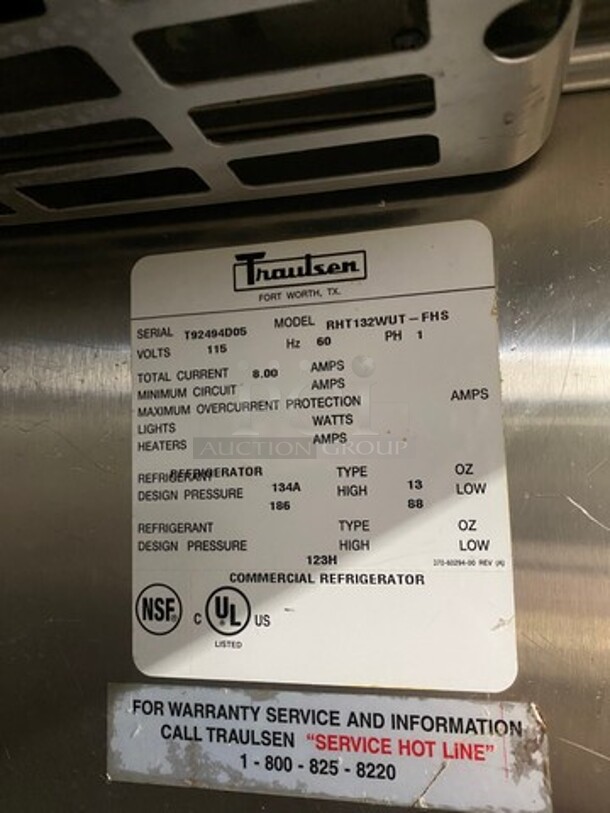 Traulsen Commercial Single Door Reach In Refrigerator! Solid Stainless Steel! On Legs! Model: RHT132WUTFHS SN: T92494D05 115V 60HZ 1 Phase - Image 7 of 9
