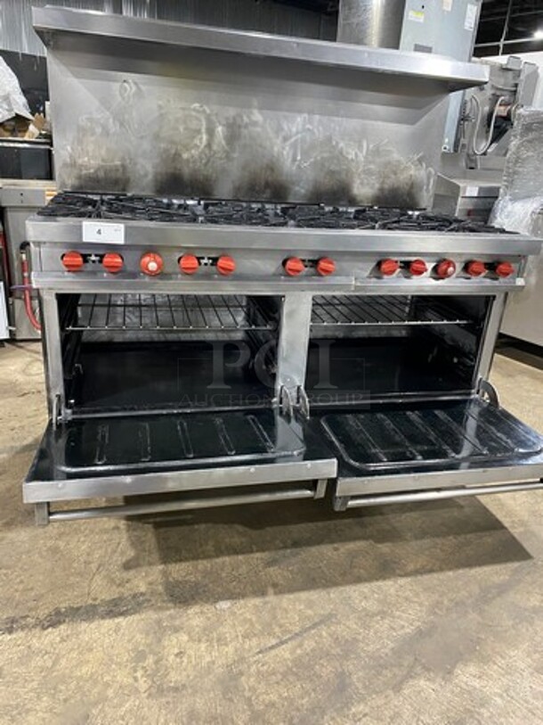 NICE! Vulcan Commerical Natural Gas Powered 10 Burner Stove! With Raised Back Splash And Salamander Shelf! With 2 Oven Underneath! All Stainless Steel! On Legs! - Image 7 of 10