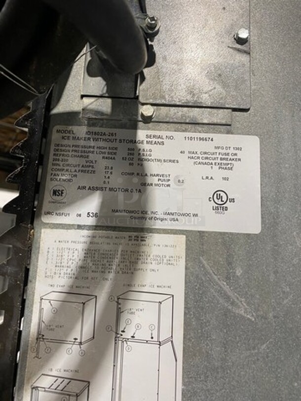 Manitowoc Commercial Ice Maker Machine! With Commercial Ice Bin! All Stainless Steel! On Legs! Model: ID1802A261 SN: 1101196674 208/230V 60HZ 1 Phase! Not Working! - Image 5 of 7