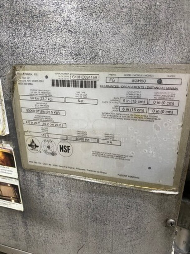 FAB! Pitco Frialator Commercial Natural Gas Powered 4 Bay Deep Fat Fryer! With Middle Fryer Basket Rack! With Oil Filter System! All Stainless Steel! On Casters! WORKING WHEN REMOVED! Model: SGH50 SN: G10HC034159 - Image 12 of 12