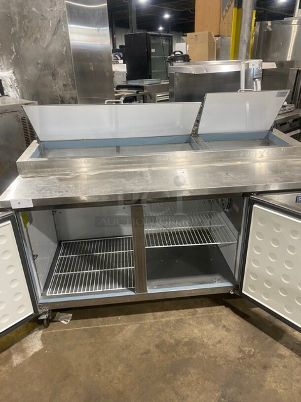 Sweet! LATE MODEL! Central Commercial Refrigerated Pizza Prep Table! With Full Length Removable Cutting Board! With 2 Door Refrigerated Storage Underneath! With Poly Coated Racks! 115V 1 Phase! Model: 69K014 SN: 8060492! On Commercial Casters! Working When Removed!  - Image 7 of 12
