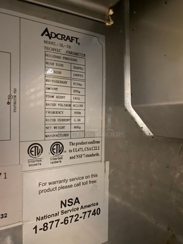 Adcraft Commercial Refrigerated Sandwich Prep Table! With Commercial Cutting Board! Single Door Storage Space Underneath! All Stainless Steel! On Casters! Model: SL1D SN: 6371420414100605 - Image 7 of 10