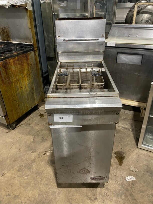 SWEET! DCS Commercial Natural Gas Powered Deep Fat Fryer! With Backsplash! With 2 Frying Baskets! All Stainless Steel! On Casters! WORKING WHEN REMOVED! - Image 1 of 7