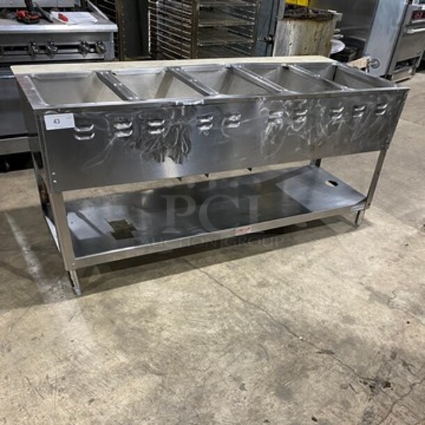 Commercial Natural Gas Powered 5 Well Steam Table! With Commercial Cutting Board! With Storage Space Underneath! All Stainless Steel! On Legs!