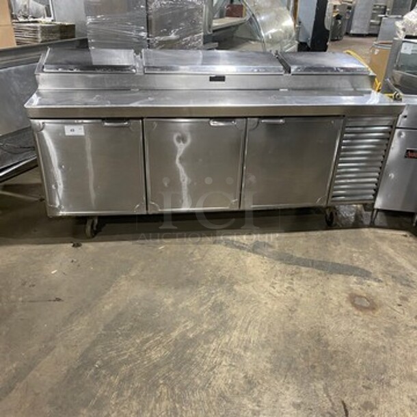 Commercial Refrigerated Pizza Prep Table! With 3 Door Underneath Storage Space! All Stainless Steel! On Casters!
