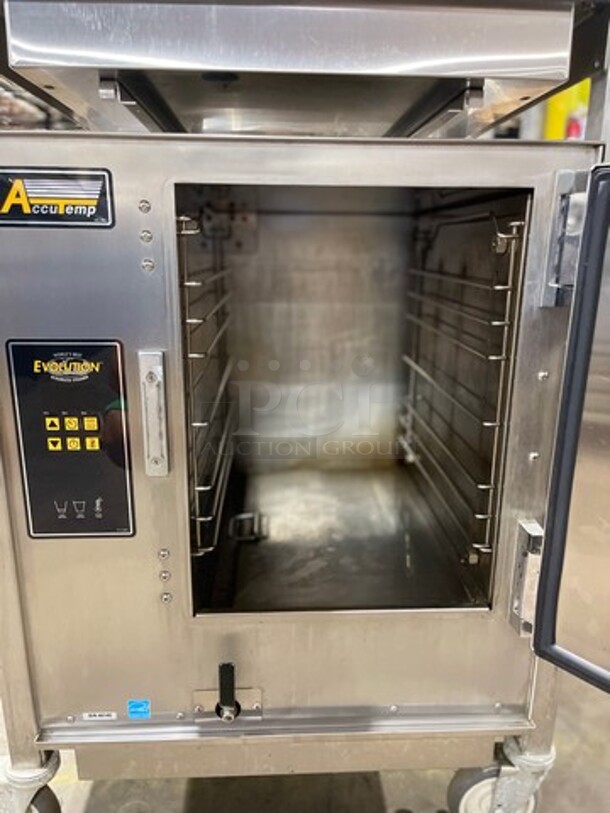 BEAUTIFUL! Accutemp Commercial Natural Gas Powered Double Deck Stand Mounted Boiler Less Steamer! All Stainless Steel! On Casters! 2x Your Bid Makes One Unit! WORKING WHEN REMOVED! Model: N61201E06000200 SN: 46145 - Image 9 of 11