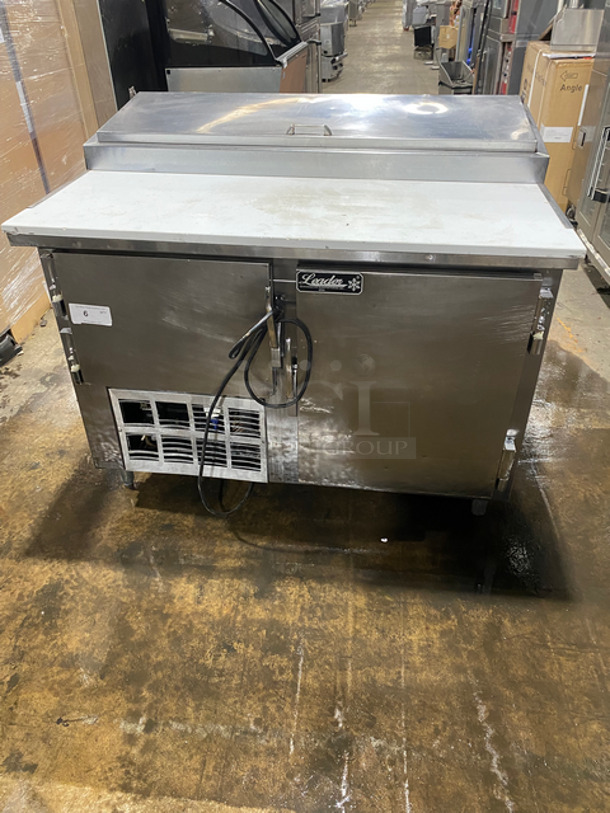Leader Commercial Refrigerated Pizza Prep Table! With Commercial Cutting Board! With 2 Door Underneath Storage Space! All Stainless Steel! On Legs!