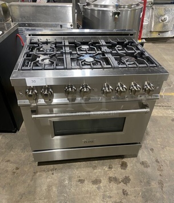 LATE MODEL! 2020 Zline Gas Powered 6 Burner Stove! With Oven Underneath! Stainless Steel! On Legs! Model: RG36 SN: 20072290130 - Image 1 of 10