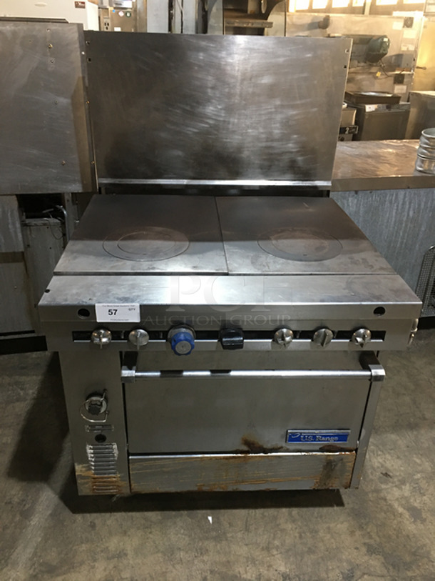 GREAT! Garland US Range Commercial Natural Gas Powered French Top/Hot Plate Stove! With Full Size Oven Underneath! With Metal Oven Racks! With Backsplash! All Stainless Steel! On Casters!