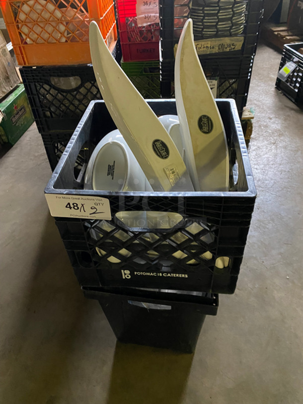 MISCELLANEOUS! Assorted Size And Style Dishware! Includes Black Poly Crates! 2x Your Bid!