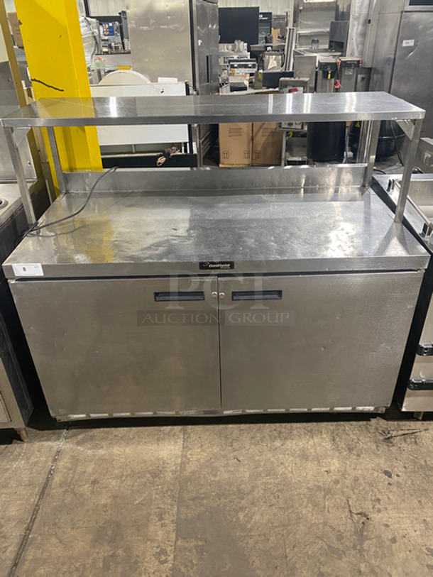 Delfield Manitowoc Commercial 2 Door Worktop/Lowboy Freezer! With Poly Coated Racks! With Overhead Shelf! All Stainless Steel! WORKING WHEN REMOVED! Model: ST4560NA339 SN: 1007152001319 115V 60HZ 1 Phase