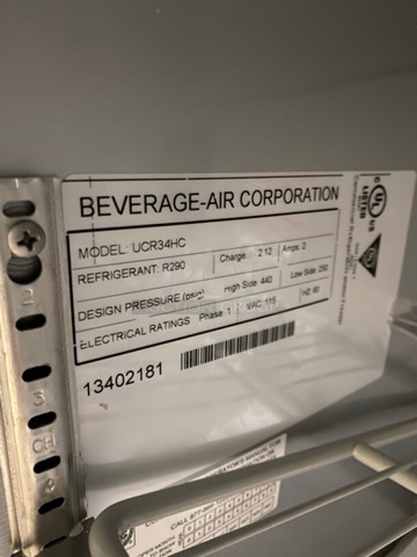 SWEET! NEW! OUT OF THE BOX! Beverage Air Commercial 2 Door Lowboy/Worktop Cooler! With Poly Coated Racks! All Stainless Steel! On Casters! Model: UCR34HC SN: 13402181 115V 60HZ 1 Phase - Image 7 of 9