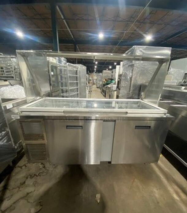 Randell Custom Made Commercial Refrigerated Sandwich Prep Table! With Lowering Sneeze Guard! With 2 Door Storage Space Underneath! All Stainless Steel! Model: 9045K7 SN: W16021911 115V 60HZ 1 Phase