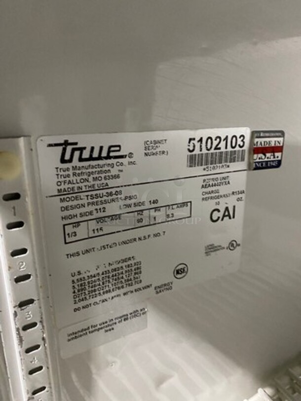 True Commercial Mega Top Refrigerated Sandwich Prep Table! With 2 Door Storage Space Underneath! All Stainless Steel! On Casters! Model: TSSU3608 SN: 5102103 115V 60HZ 1 Phase - Image 7 of 9