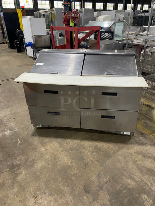 Delfield Manitowoc Commercial Refrigerated Sandwich Prep Table! With Commercial Cutting Board! With 4 Drawer Storage Space Underneath! All Stainless Steel! Model: D4460N24MSB SN: 1410152000651 115V 60HZ 1 Phase