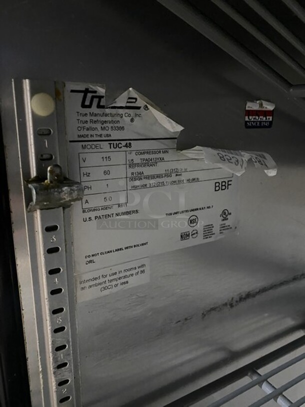 True Commercial 2 Door Lowboy/Worktop Cooler! All Stainless Steel! With Poly Coated Racks! On Casters! 115V 1 Phase! Model: TUC-48! - Image 7 of 8