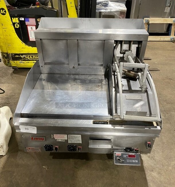 Lang Commercial Countertop Natural Gas Powered Flat Top Griddle With Clamshell Flat Hood Press! With Thermostatic Controls! Built In Hood! With Back And Side Splashes! All Stainless Steel! Model: 236SCHENSH SN:GT2360917A0013  - Image 1 of 11