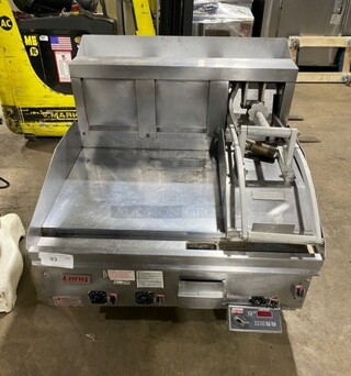 Lang Commercial Countertop Natural Gas Powered Flat Top Griddle With Clamshell Flat Hood Press! With Thermostatic Controls! Built In Hood! With Back And Side Splashes! All Stainless Steel! Model: 236SCHENSH SN:GT2360917A0013 