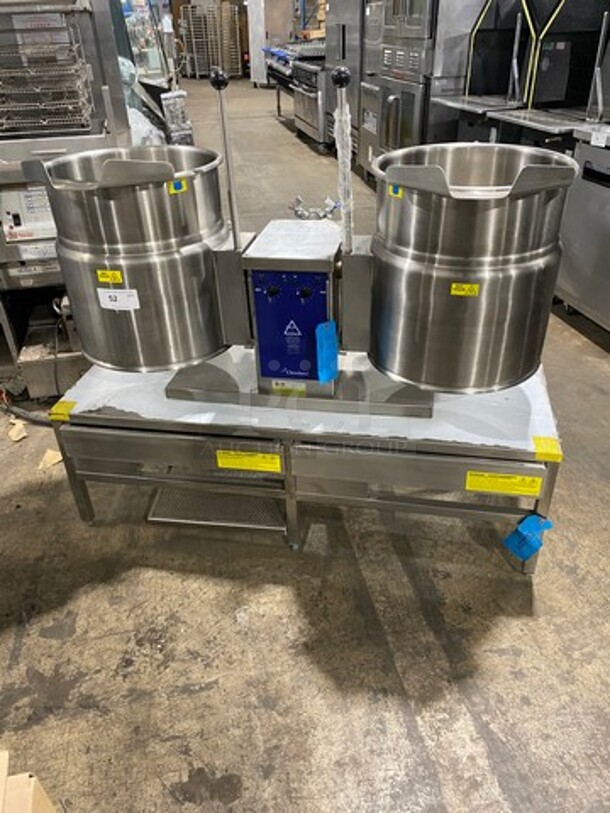 NEW! NEVER USED! Cleveland Commercial Countertop Electric Powered Jacketed Tilting Soup Kettle! On Equipment Stand! All Stainless Steel! On Legs! Model: TKET12T SN: WT680804C01 240V 60HZ 3 Phase