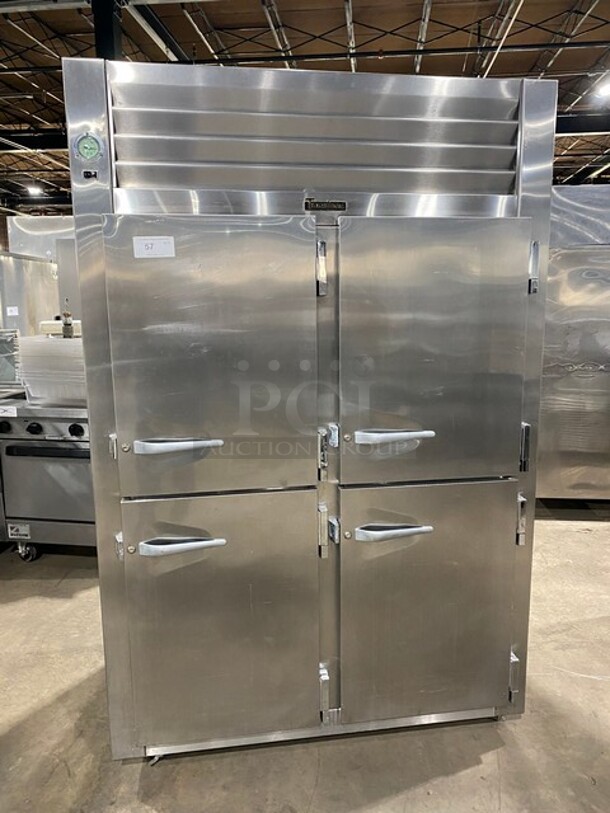 NICE! Traulsen Commercial 4 Split Door Reach In Cooler! With Poly Coated Racks And Built In Pan Racks! All Stainless Steel! On Casters! Model: AHT232NUT122 SN: T722770L99 115V 1 Phase