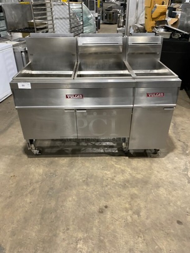 WOW! Vulcan Commercial Natural Gas Powered 3 Bay Deep Fat Fryer! All Stainless Steel! On Casters! Model: 3GR65F SN: 481533671