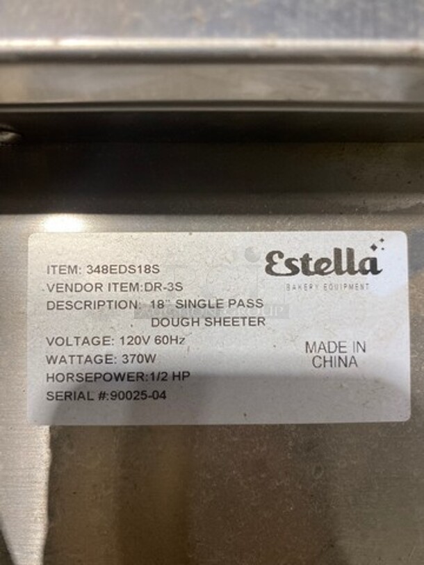 Estella Commercial Countertop Dough Sheeter! Model: EDS18S SN: 9002504 120V! Does Not Power On!  - Image 6 of 8